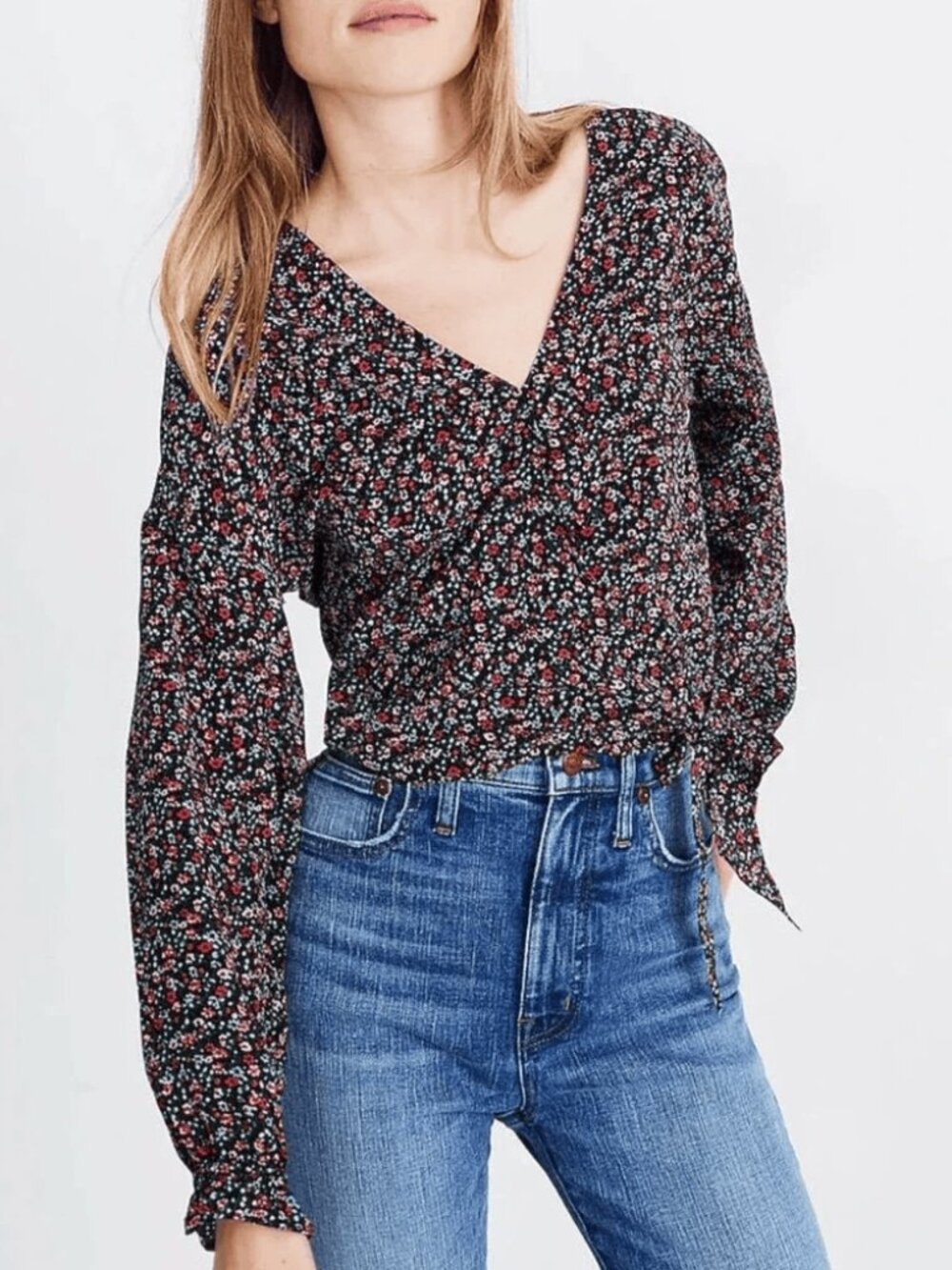 Madewell Silk Long-Sleeve Sash-Tie Wrap Top in Fieldwalk Floral XS